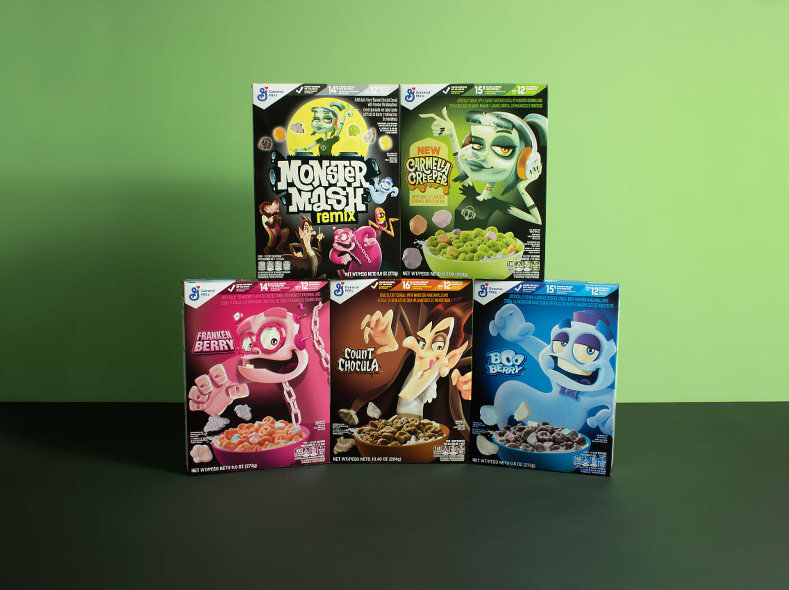 Five Monsters Cereal boxes: Boo Berry, Frankenberry, Count Chocula, Carmella Creepr and the Monster Mash Remix